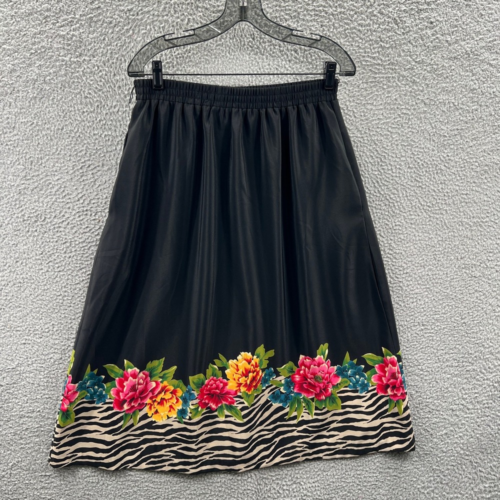 Womens Midi Skirt M Floral Zebra Stripe Elastic Waist Retro Indie Resort Travel